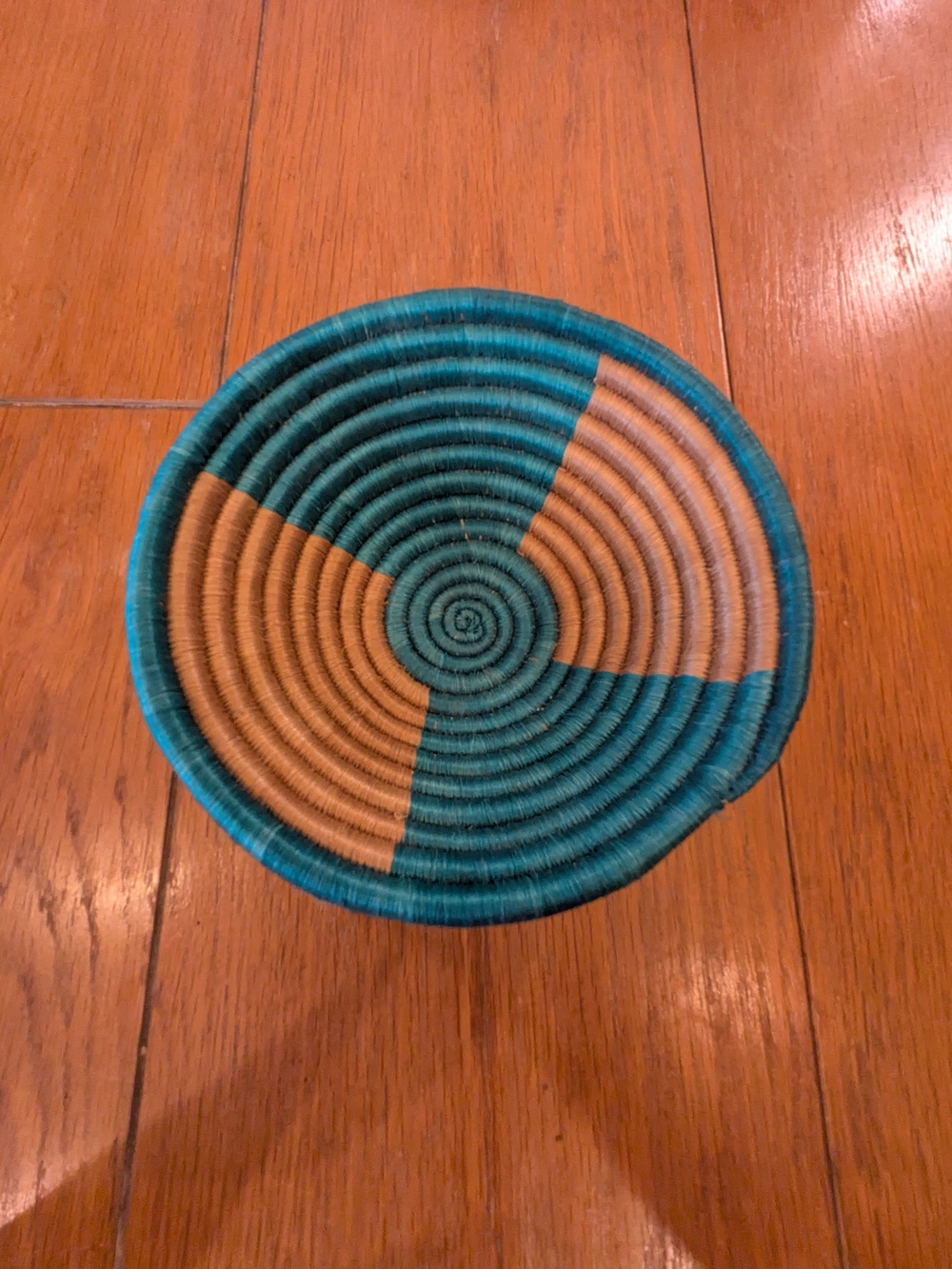 Handwoven Decorative Basket in Teal and Tan